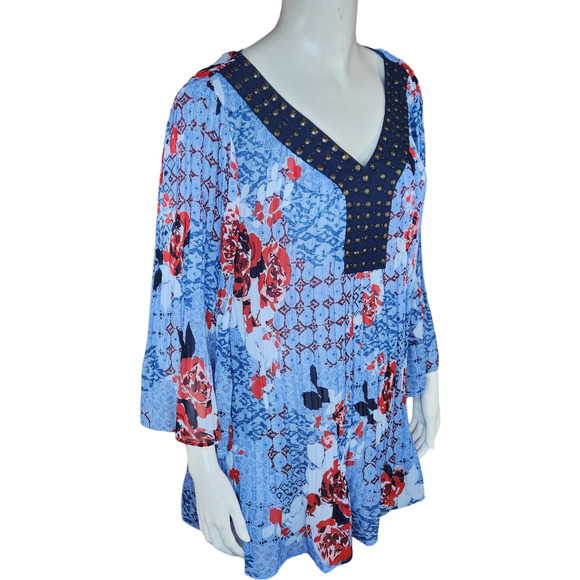 Woman Within‎ Blue Red floral CRINKLE peasant top 18/20 1X Beaded Neckline - Picture 6 of 12